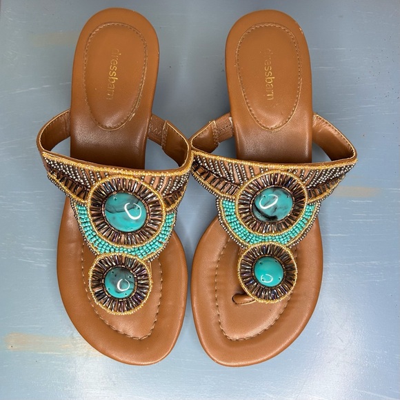 Dress Barn Shoes - Dress Barn turquoise rhinestone micro wedge slides